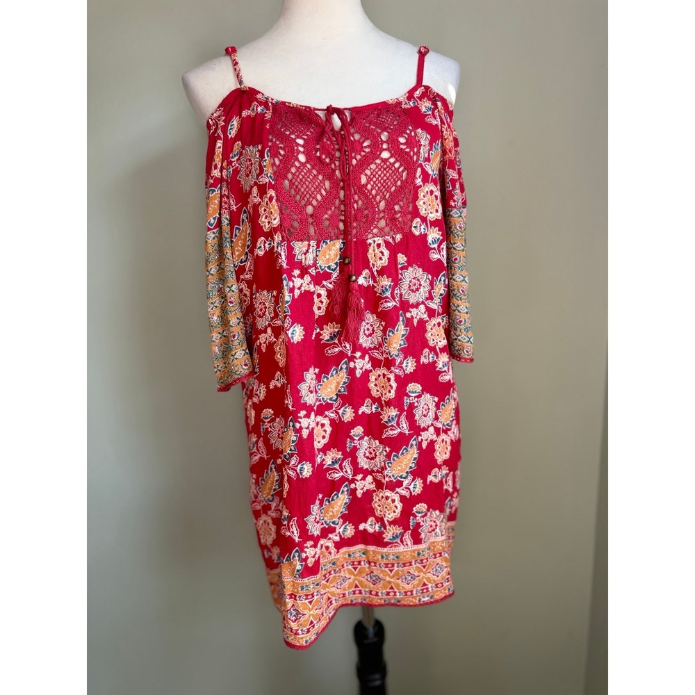 Small Angie boho cottage resort mini red fairy dress off shoulder grunge dainty